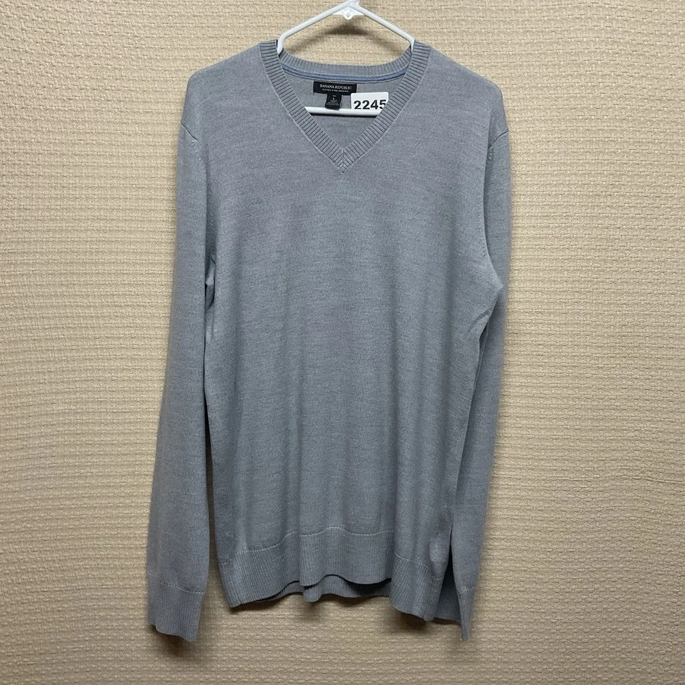 Banana Republic Men's V Neck Sweater Tall Large 100% Merino Extra Fine Wool Gray